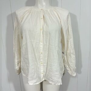 NWT Old Navy Sz L peasant Blouse Top Ivory Eyelet V Neck Long Sleeve Button Up